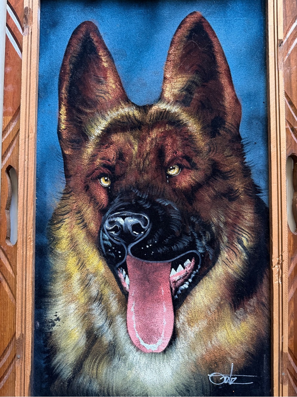 Vintage Mexican Handpainted German Shepard on Velvet Hand Carved Wood Frame - Picture 2 of 8